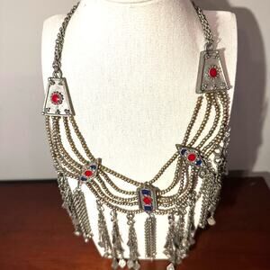 Afghan Tribal Necklace Silver tone Red Blue Kuchi Belly Dancing Statement